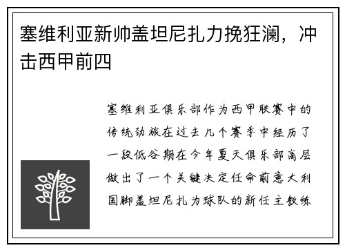 塞维利亚新帅盖坦尼扎力挽狂澜，冲击西甲前四