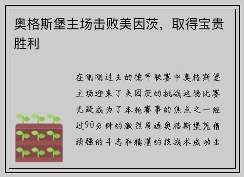 奥格斯堡主场击败美因茨，取得宝贵胜利